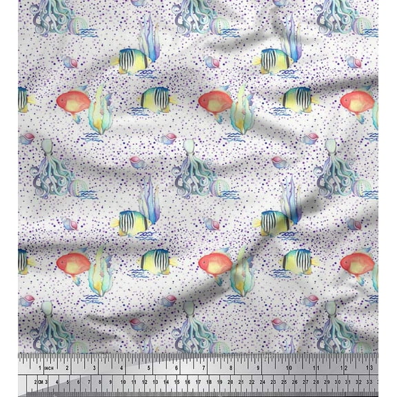 Soimoi Cotton Duck Fabric Fish & Octopus Ocean Print Fabric by Yard 42 Inch Wide