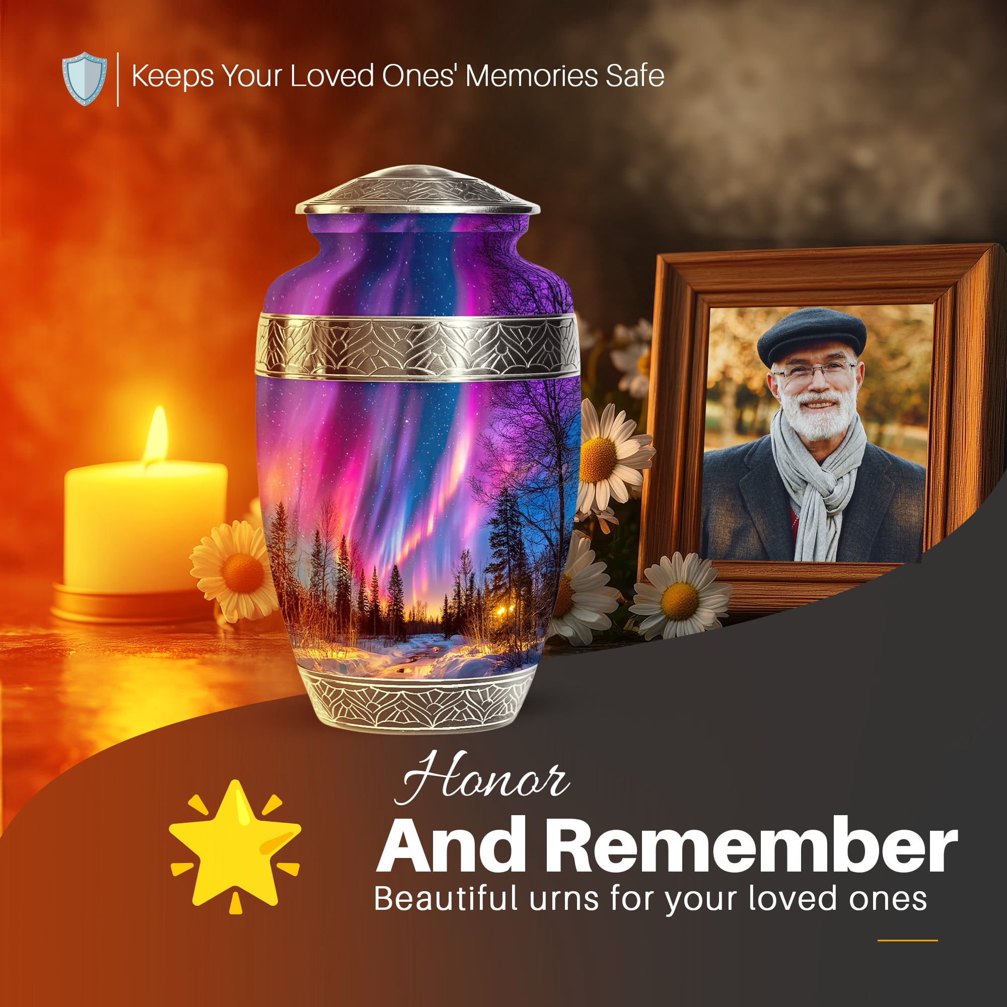 YATSKIA Northern Lights Large Funeral Urn for Ashes Adult Brother and Sister, Decorative Cremation Urns for Human Ashes Adult , (200 Cubic, Large 10 Inch)