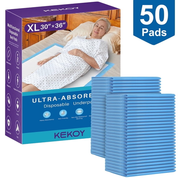 KEKOY Disposable Bed Pads for Incontinence 30 x 36, 3 Times Super Absorbent,  Adult Pee Pads for Bed Disposable, Ideal for Adults, Seniors, Puppy Pads, 50 Count