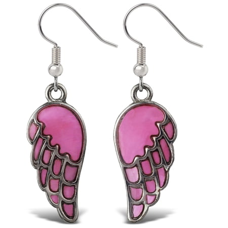 Aqua79 Pink Mop Wings Earrings Jewelry - Silver Dangle Hook Earrings Inlaid With Simulated Pink Mother of Pearl - Unique Colorful Jewel For Women & Teens For Daily, Casual & Formal Occasions