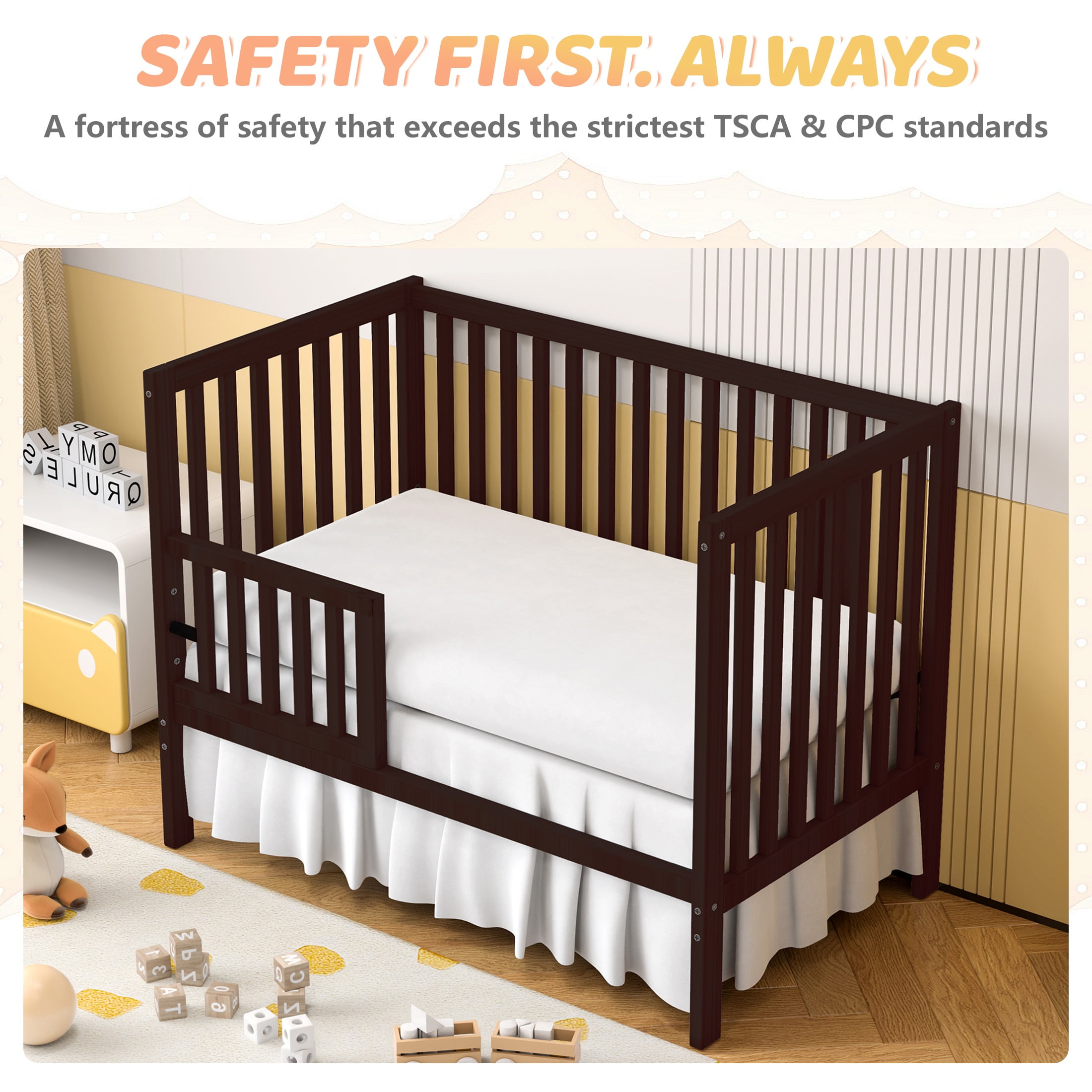 SESSLIFE 5-In-1 Convertible Crib, Espresso Baby Bed, Converts from Baby Crib to Toddler Bed, Fits Standard Full-Size Crib Mattress(Not Included)