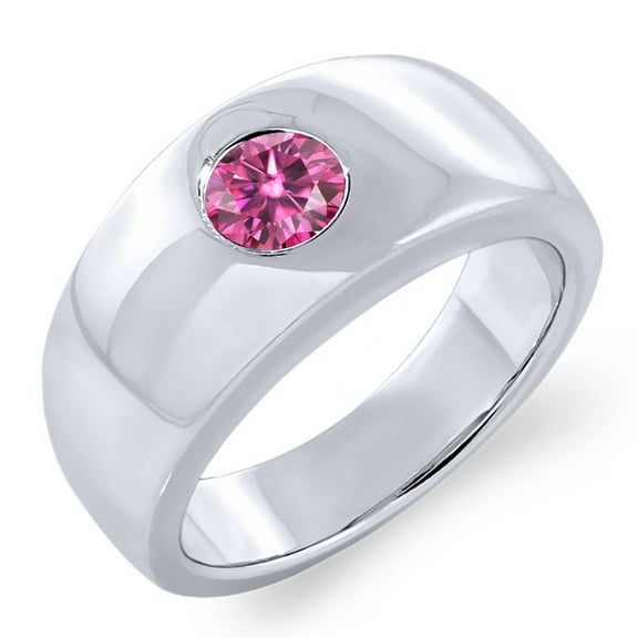 Gem Stone King 925 Sterling Silver 10mm Wide Men's Ring Pink Round Moissanite (0.80 Cttw) (Size 10)