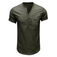 thumbnail image 3 of Hotian Men Short Sleeve Linen Henley Shirt with Pocket Army Green M (One Size Smaller）, 3 of 5