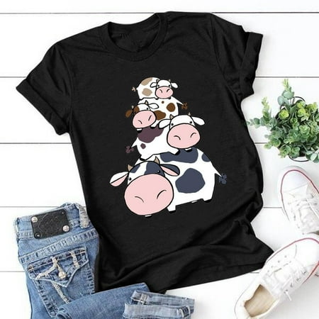 

Kakina CMSX Clearance Womens Shirts for Summer Adult s Cow Round Neck Print T-shirt