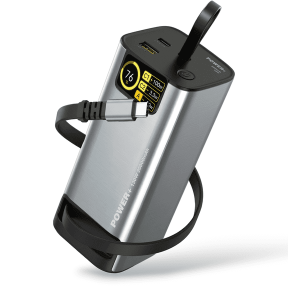 IJS 20000mAh 130W Power Bank with Retractable USB-C Cable, Smart Digital Display and Fast Recharge Speed, Multi Device Charging for Phone, Laptop and Tablet