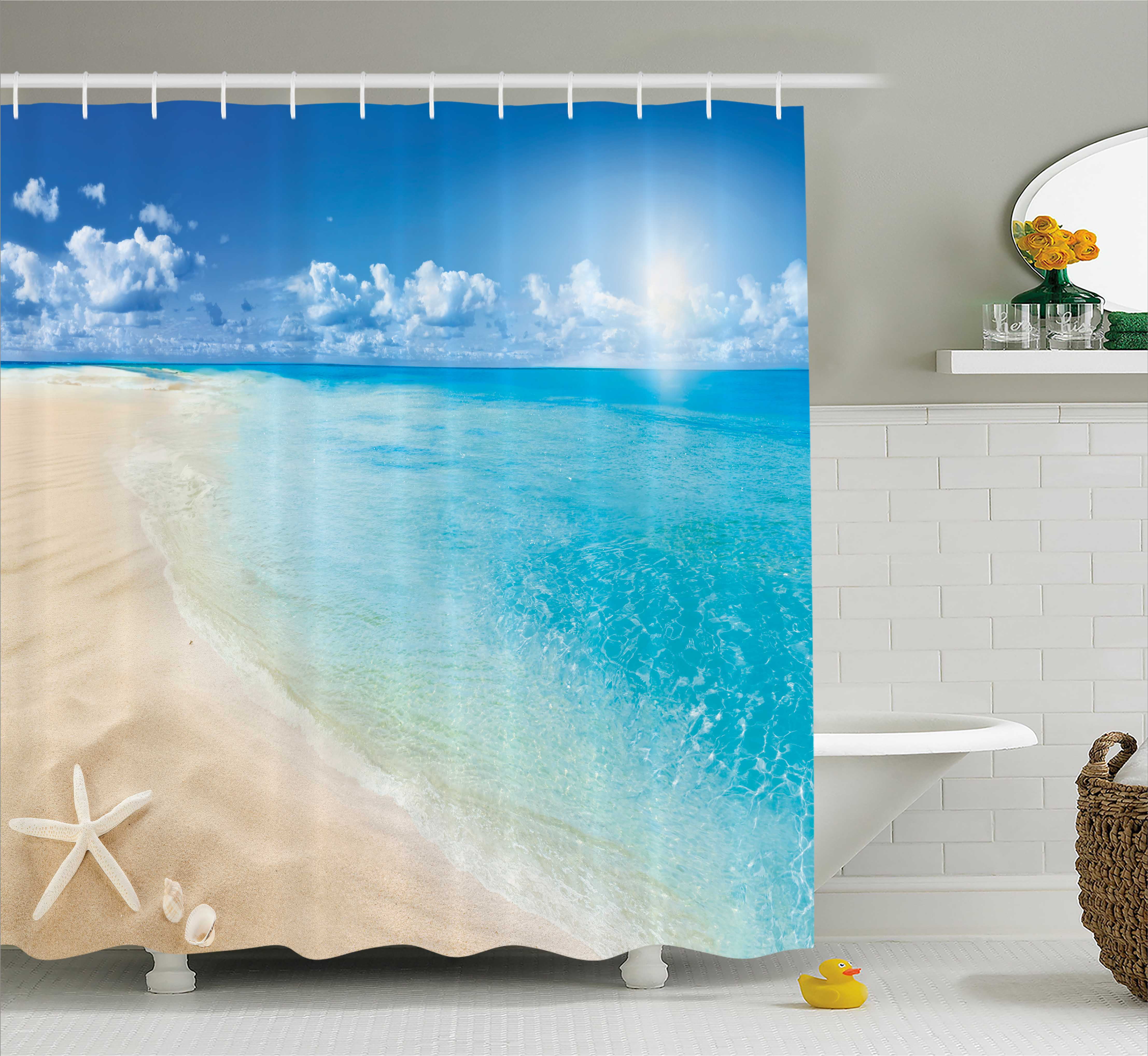 Beach Shower Curtain, Sunny Summer Seashore with Clear Sky Seashells ...