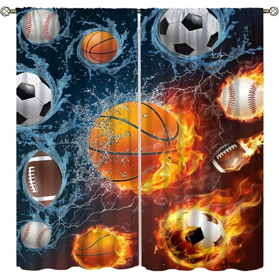 Boys Sports Kids Curtains for Bedroom, Fire Basketball Football Soccer 3D Ball Window Treatments for Living Room,Teen Boys Girls Room Decor Drapes 2 Panel Sets,52x84 Inch
