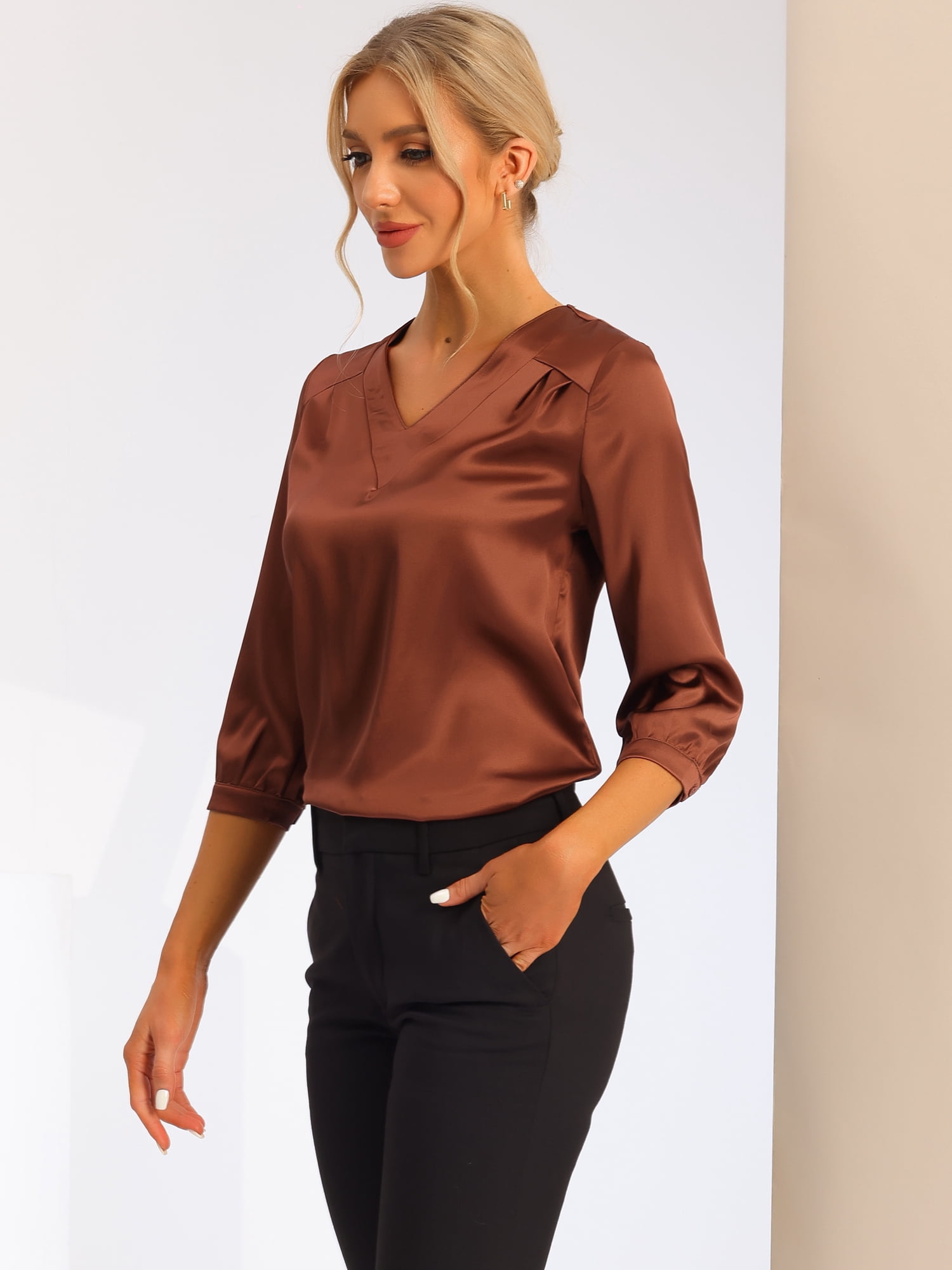 DARING DIVA Women's Satin Blouse Long Sleeve V Neck Top Shirts S Brown