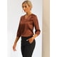 thumbnail image 2 of Blusa de satén para mujer Camisas informales sólidas con cuello en V de manga 3/4 Marrón S, 2 of 6