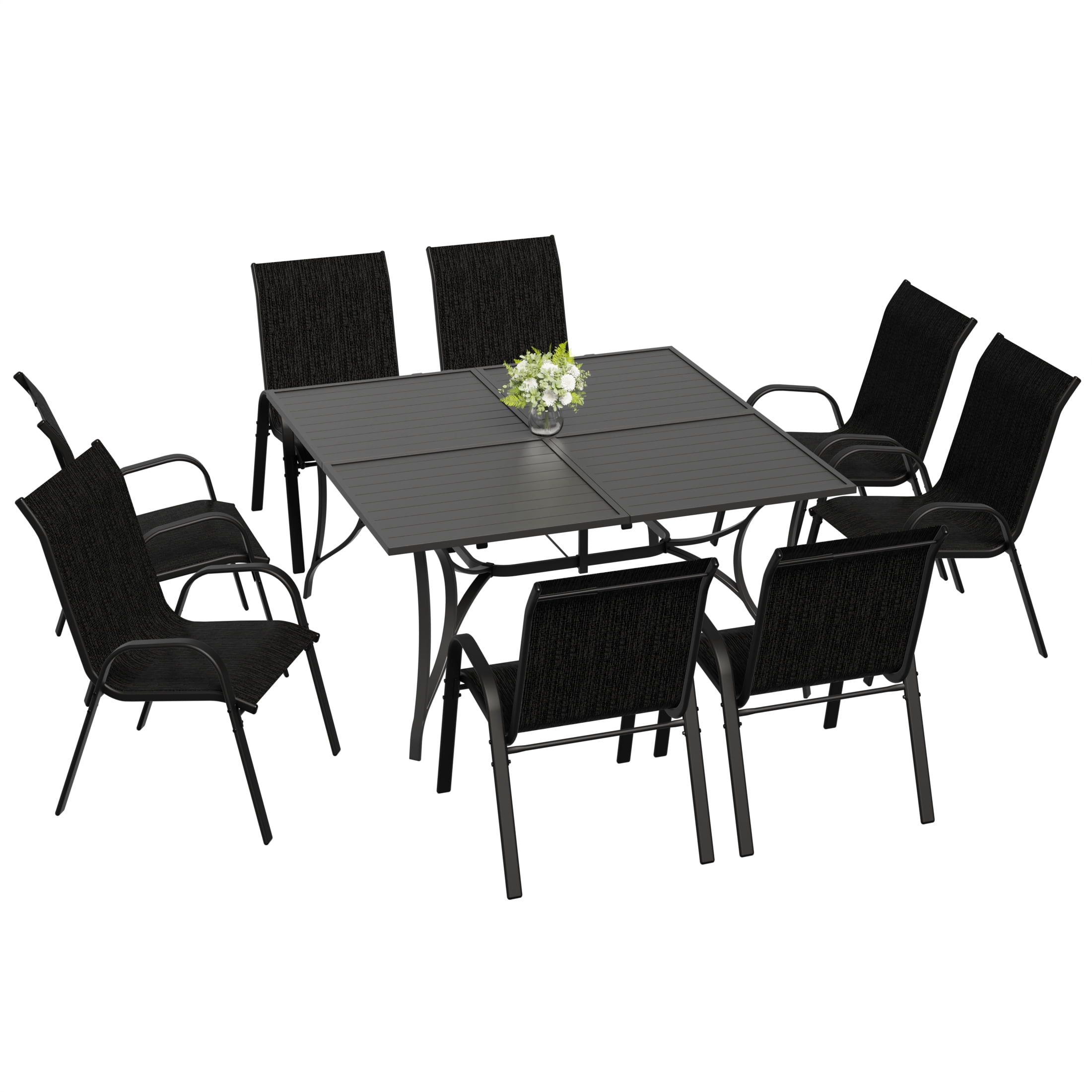 ELPOSUN 9-Piece Outdoor Patio Dining Set, 8 Textilene Chairs & Large Square Steel Table with Umbrella Hole, All-Weather Furniture for Garden, Balcony,Black