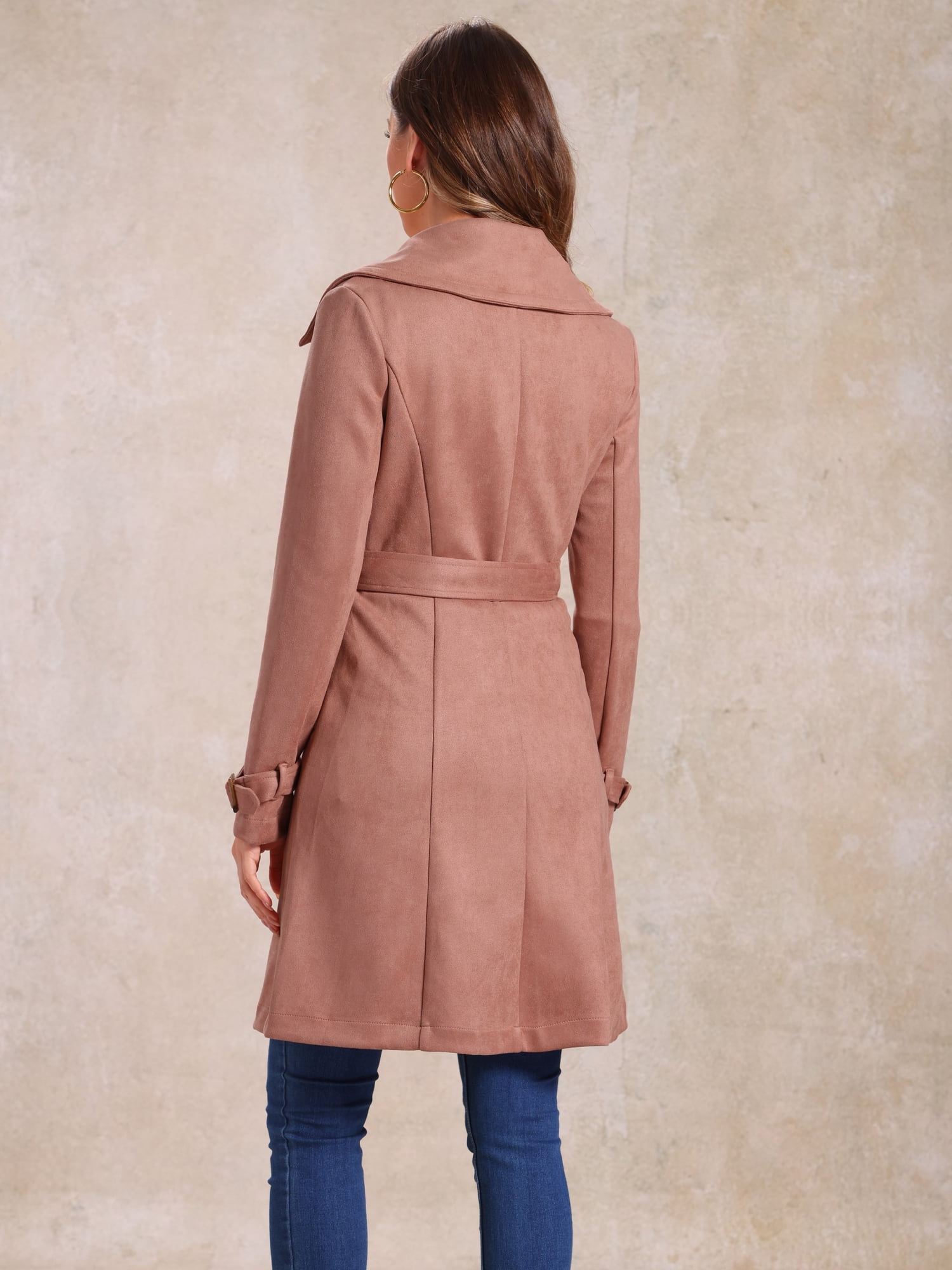 DARING DIVA Women's Strap Cuff Solid Double Breasted Tie Belt Trench Coats Dark Pink L
