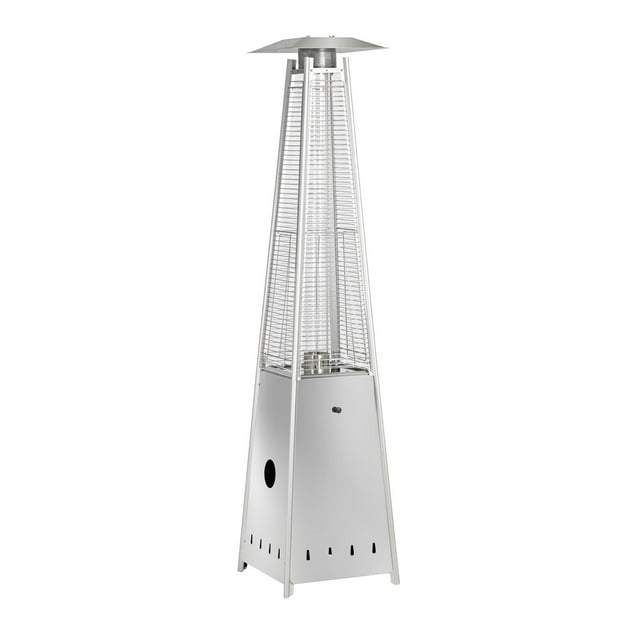 Stainless steel pyramid style patio heater with protective mesh and wide top reflector for outdoor heating.