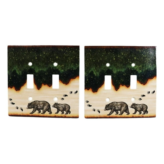 Pack of 2 Rustic Forest Mama Bear And Cub Double Toggle Switch Wall Outlet Plate