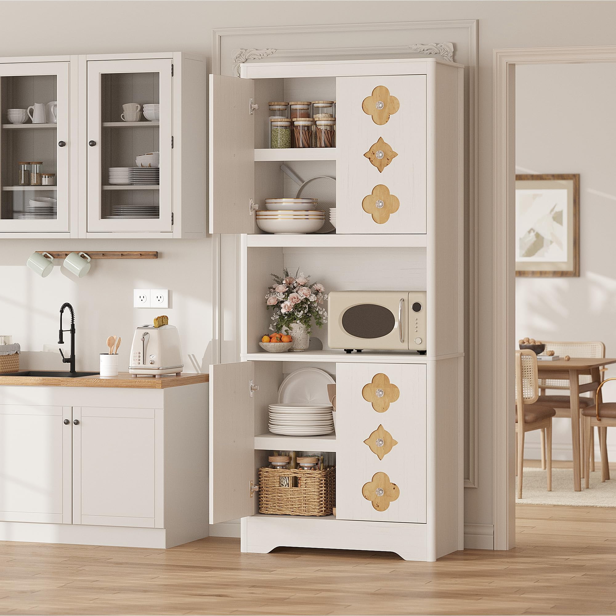 Kitchen Pantry Cabinet, 72" Tall Storage Cabinet with Countertop, Freestanding Wooden Hutch Cupboard with Carved Door & Crystal Handle, for Dining Room, Living Room