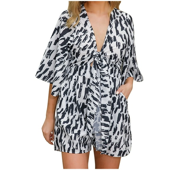 Odeerbi Jumpsuit for Women 2025 Summer Print Jumpsuit Short Sleeve V-Neck Tight Jumpsuit Beach Jumpsuit Sun Jumpsuit White