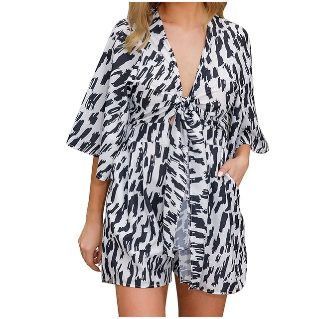 Mono Para Mujer Mono Estampado de Verano Mono de Manga Corta Con Cuello En V Mono Ajustado Mono de Playa Mono de Sol Odeerbi ODB-4