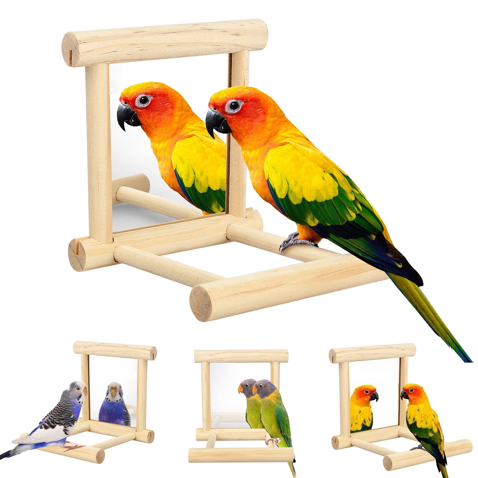 Funny Wooden Bird Toy Mirror Stand Platform Toys for Parrots Cockatiel Vogel Hearbeauty Durable and Useful