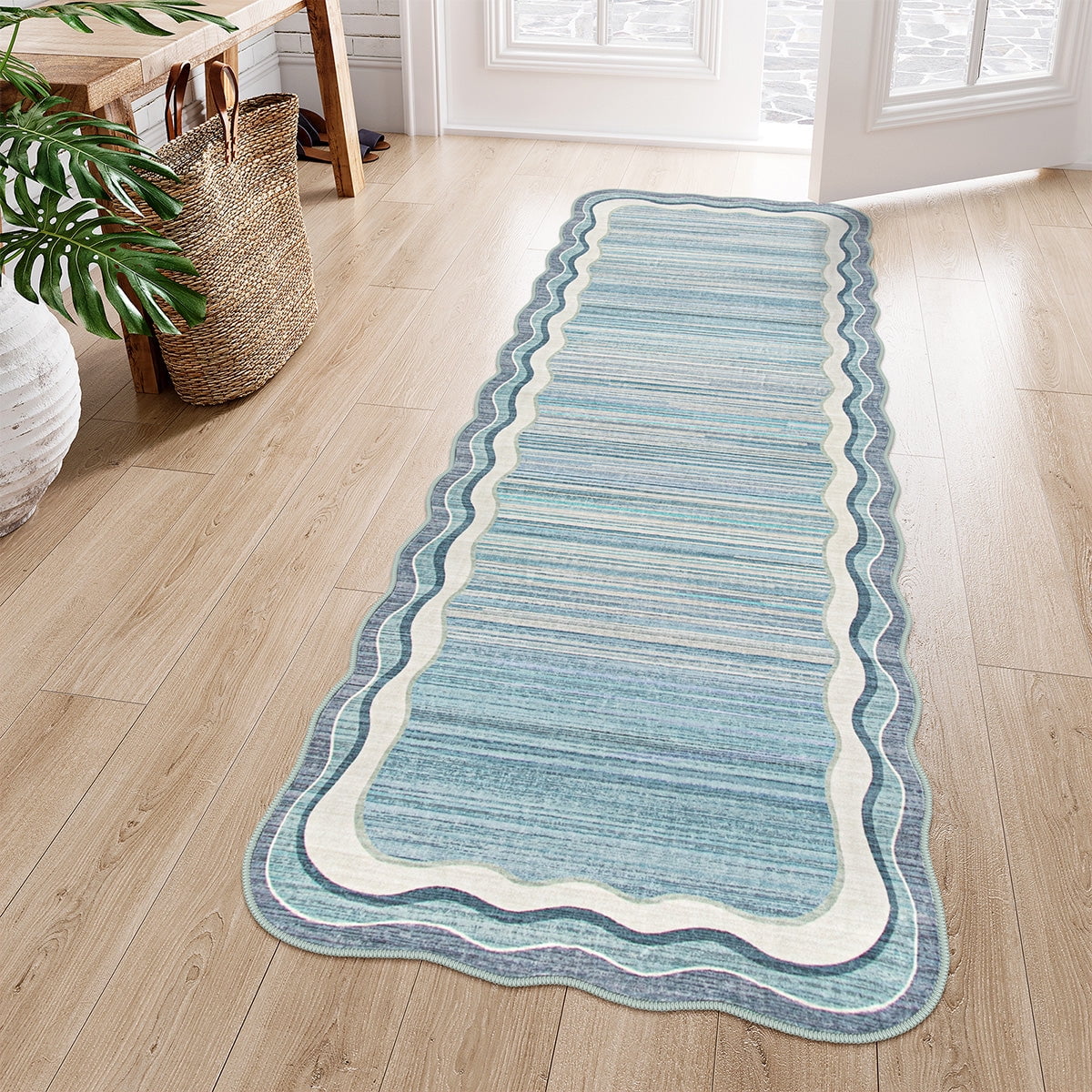 Wonnitar 2.6'x8' Scalloped Striped Hallway Runner Rug, Washable Kitchen Runner Rug, Soft Low Pile Blue Indoor Accent Rug for Entryway, Bathroom, Bedroom, Laundry