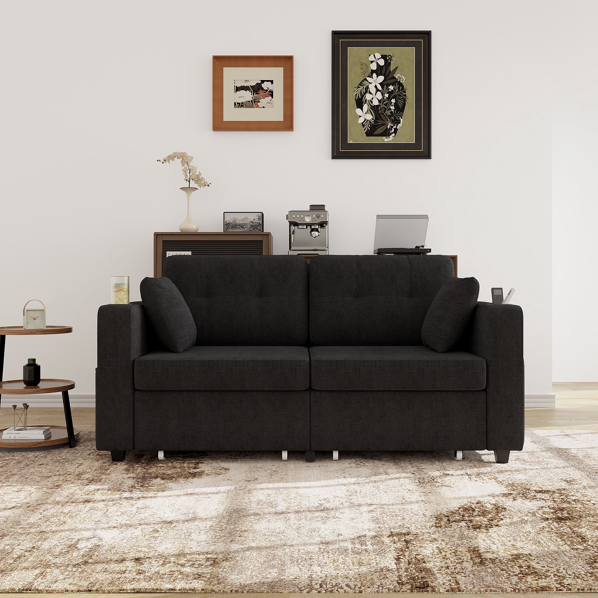 68" Chenille Two Seater Couch, Living Room Loveseat with Usb Charging, Upholstered Loveseat with Storage for Living Room, Black