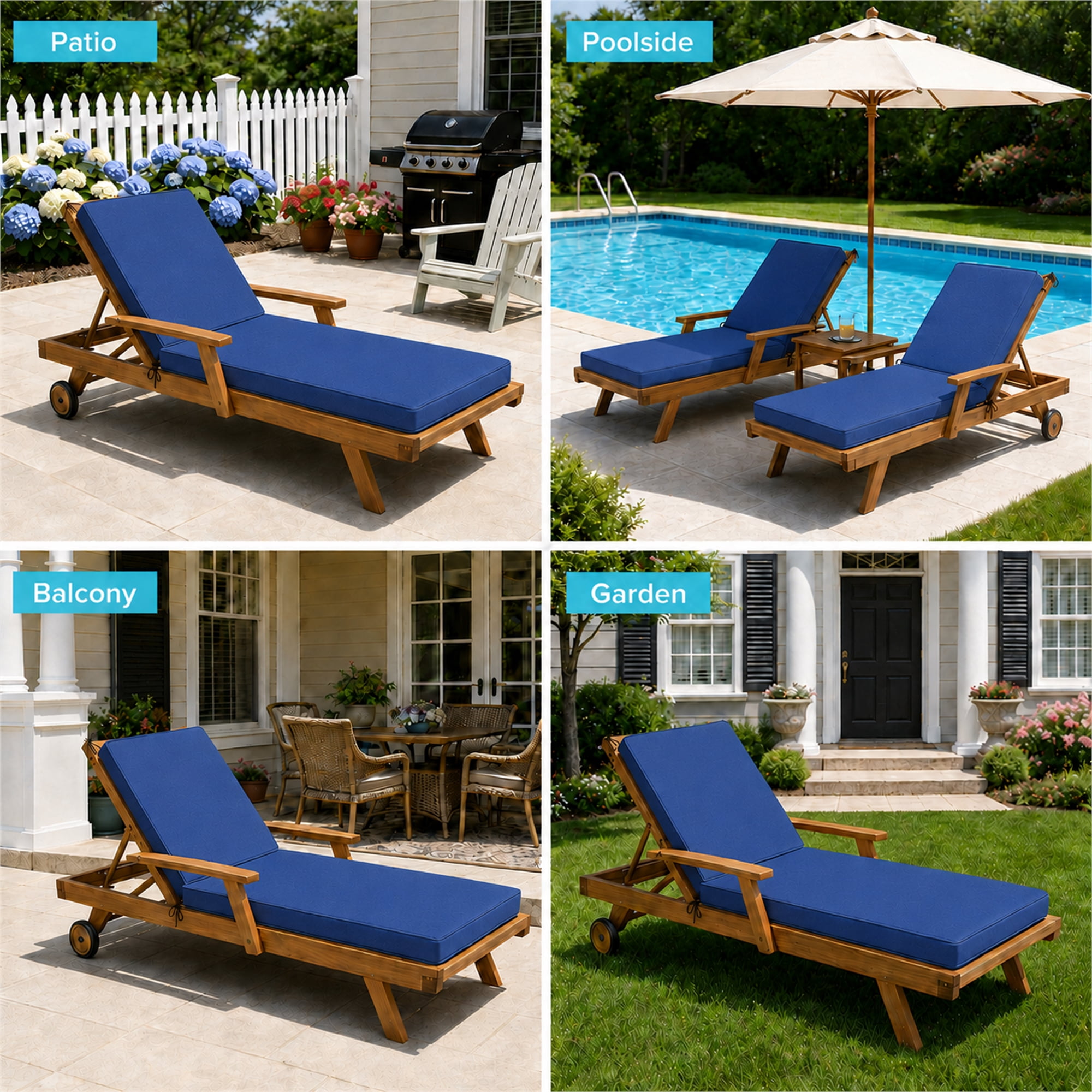 Millsilo Outdoor Chaise Lounge Cushion, 72" x 21" x 3" Patio Lounge Chair Cushion, Water-Resistant UV-Protected Replacement Cushion with High Density Foam, Blue