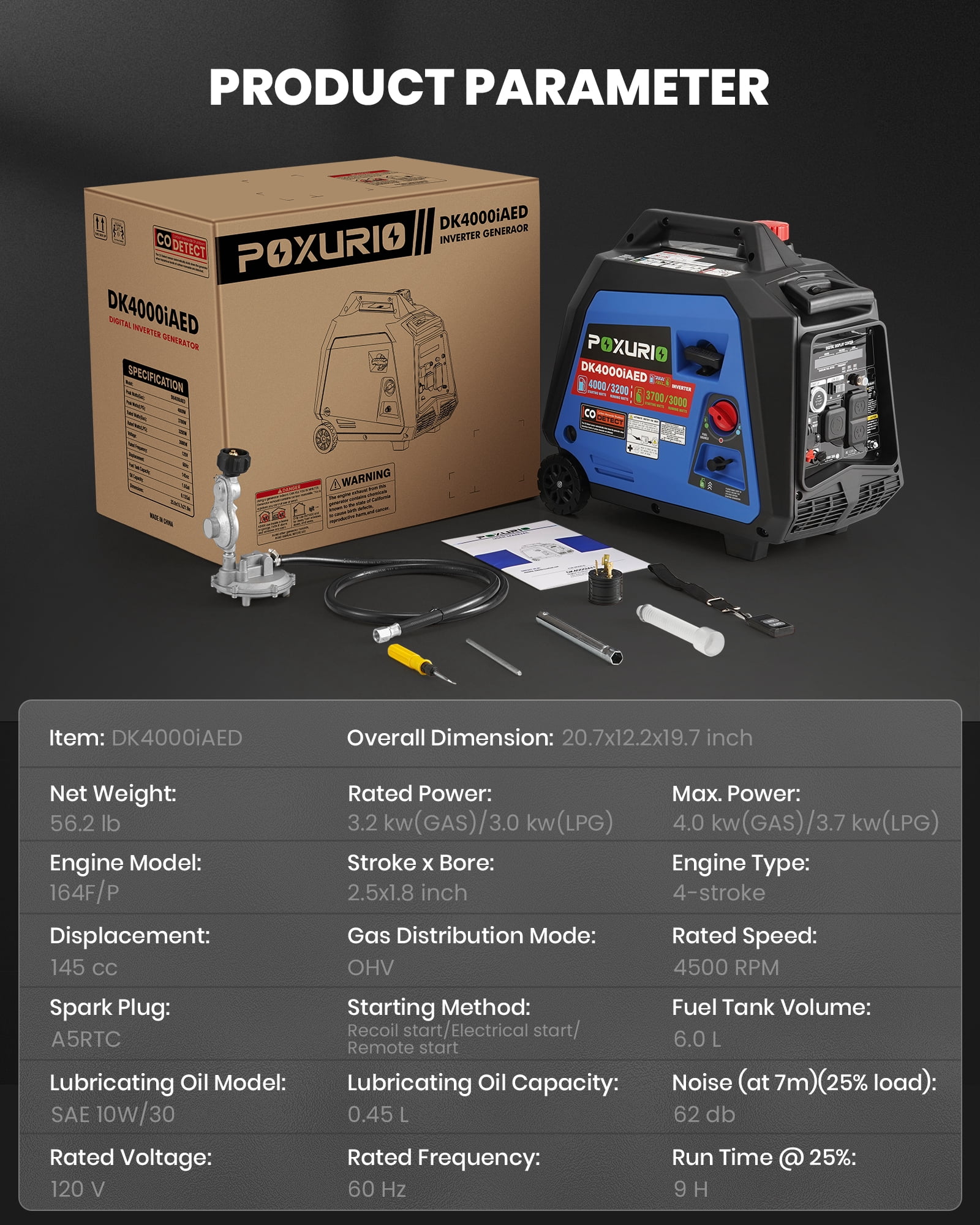4000 Watt Dual Fuel Portable Inverter Generator, Remote Start, CO Shut-Off