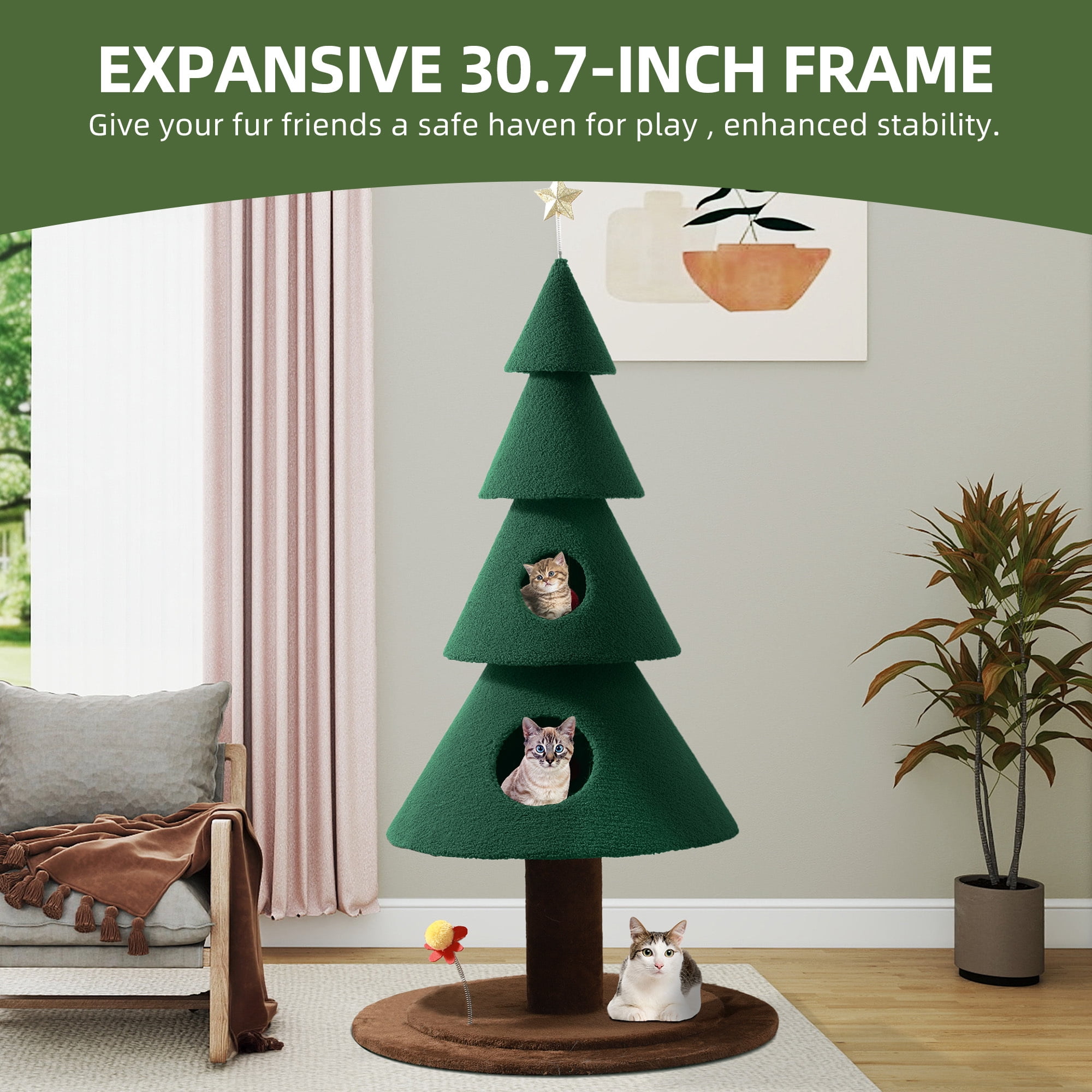 Dextrus 60in Large Christmas cat Tree, Indoor Cat Tower with 2 Condos & Flower Shaped Cat Teasing Stick ,Green