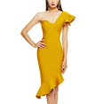 thumbnail image 2 of Women's Packaged Hip V-Neck Flounce Ruffle One Shoulder Celebrity Trumpet Bandage Dress Mustard L, 2 of 7