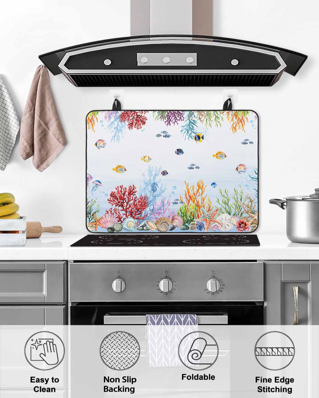 nqOlkjepod Large Induction Cooktop Protector Mat 24"x21", Blue Coastal Stove Top Covers for Electric Stove, Summer Beach Nautical Coral Fish Decorative Stove Burner Cover Mats, Glass Top Stove Cover