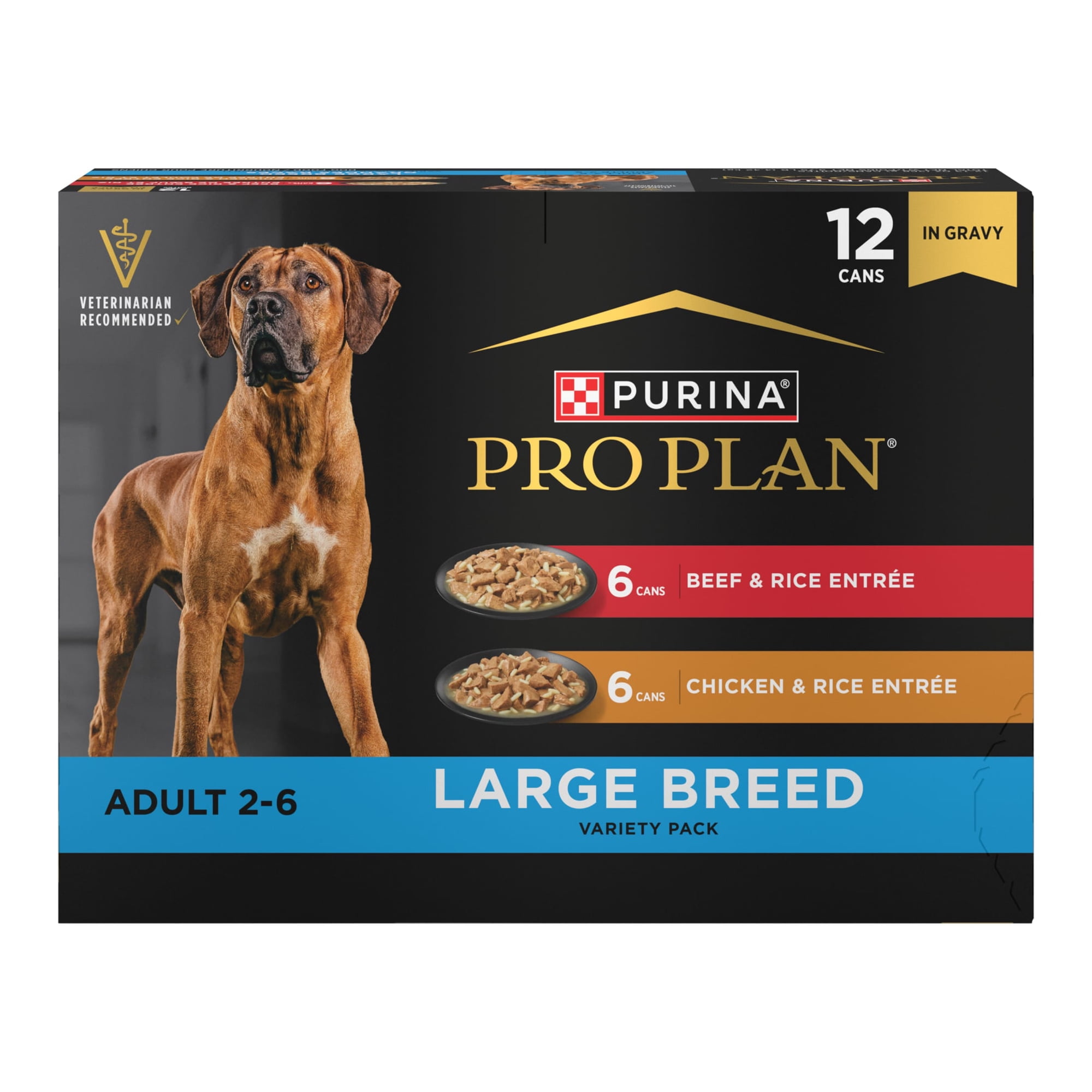 Purina Pro Plan Specialized Large Breed Chicken and Rice and Beef and Rice in Wet Dog Food in Gravy, High Protein Dog Food Variety Pack, 13 oz Cans (12 Pack)