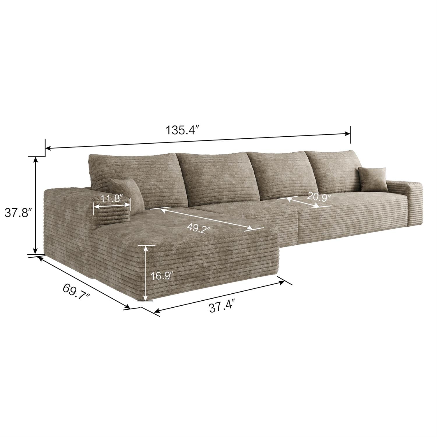 Demi Bonn 135" Modern L-Shape Cloud Sectional Couch with Chaise, Deep Seat, Cozy Upholstered Sofa for Living Room & Bedroom, No Assembly, Beige