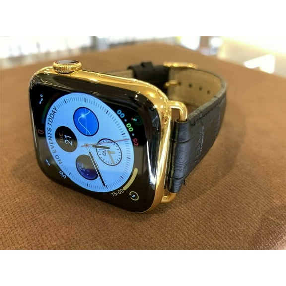 44mm iWatch Series 6 Custom 24K Gold Plated Stainless Steel Black Leather B