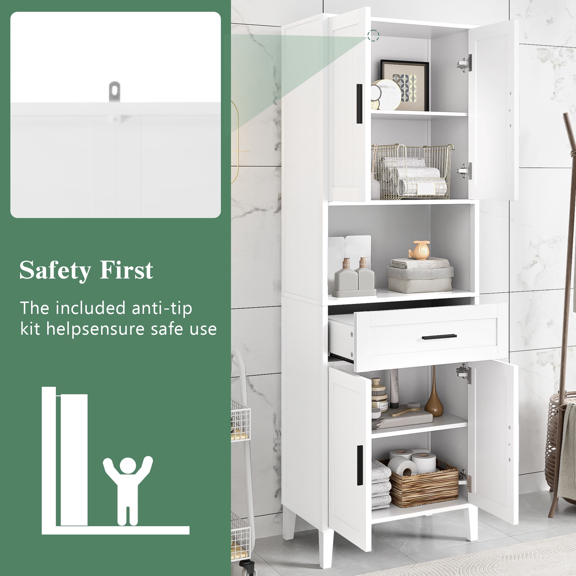 Euroco Tall Bathroom Storage Cabinet with Adjustable Shelves, Soft-Close Doors, and Drawer, Water-Resistant Finish