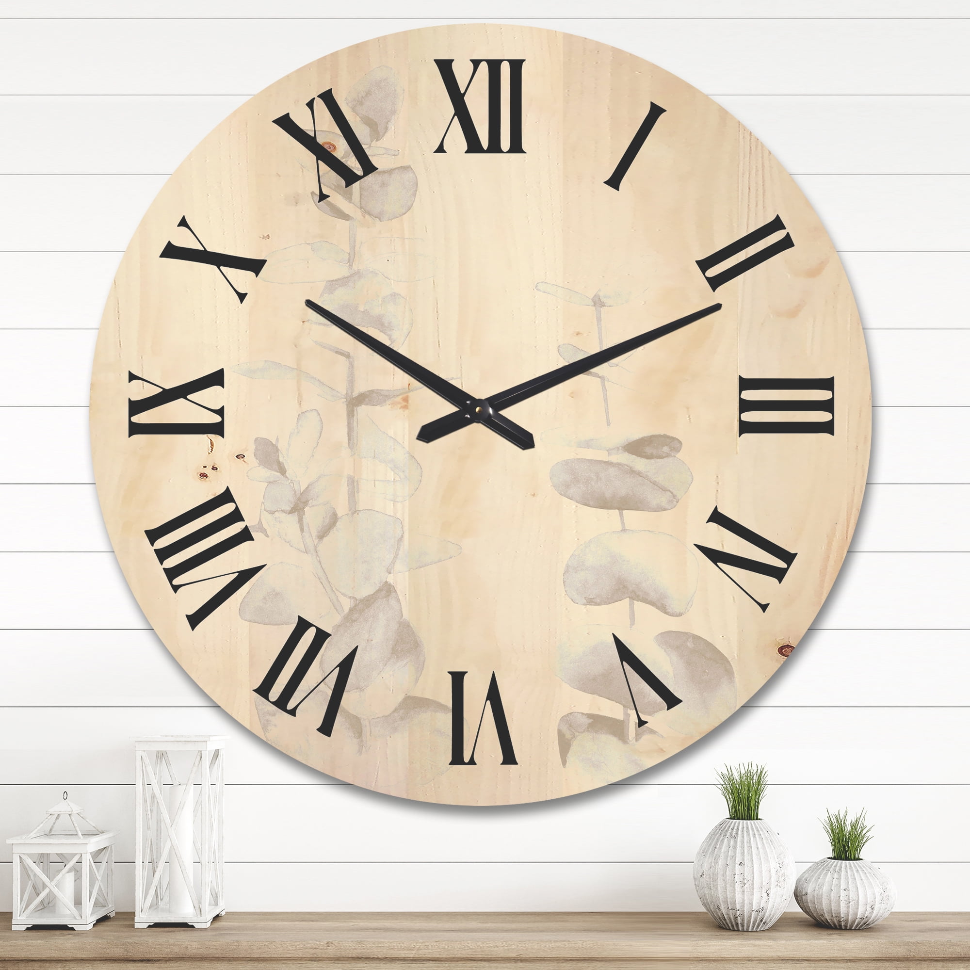 Designart 'Grey Eucalyptus Branches On White' Traditional Wood Wall Clock