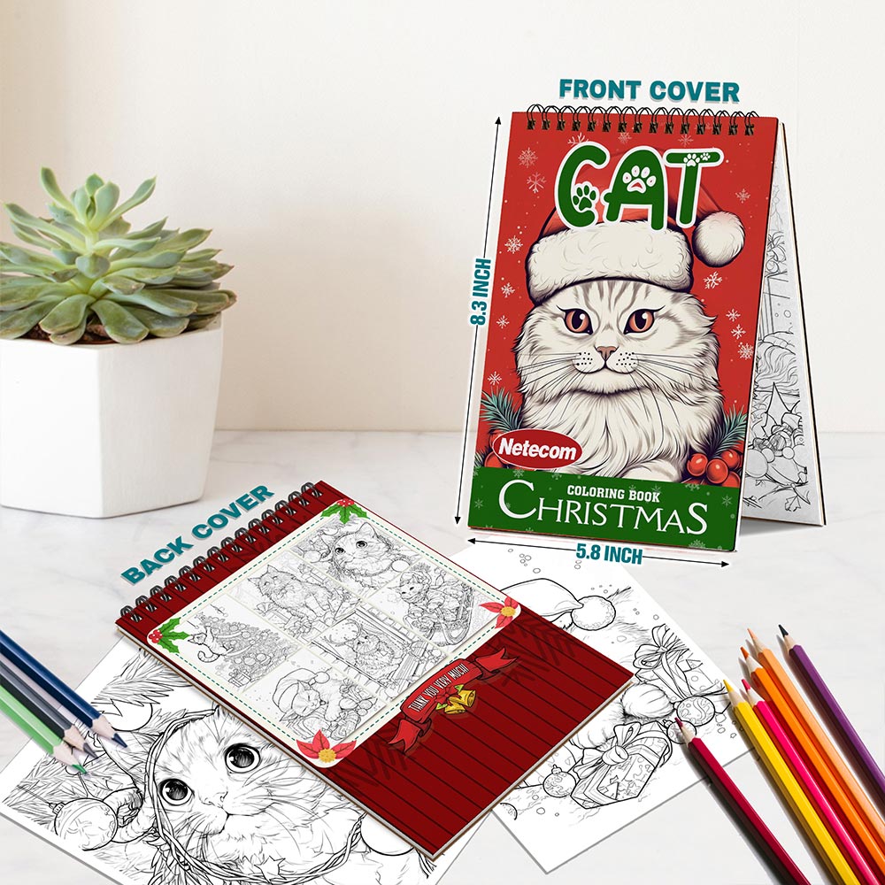 Netecom Christmas Cat Coloring Book Spiral Bound For Adults, A5 Wooden Cover, 30 Charming Coloring Pages of Cute Cats in Christmas Day for Stress Relief and Relaxation