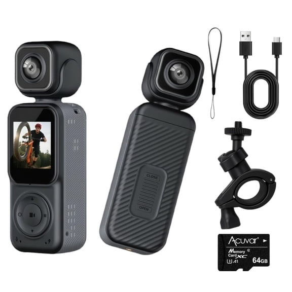 Acuvar Dual Camera 4K Pocket Camera with 3-Axis Gimbal Stabilizer, Video Camera for Photography Pocket Body Cam with WIFI, LCD Screen Face Tracking, Motion Stabilizer, 270* Rotation & 64GB SD Card
