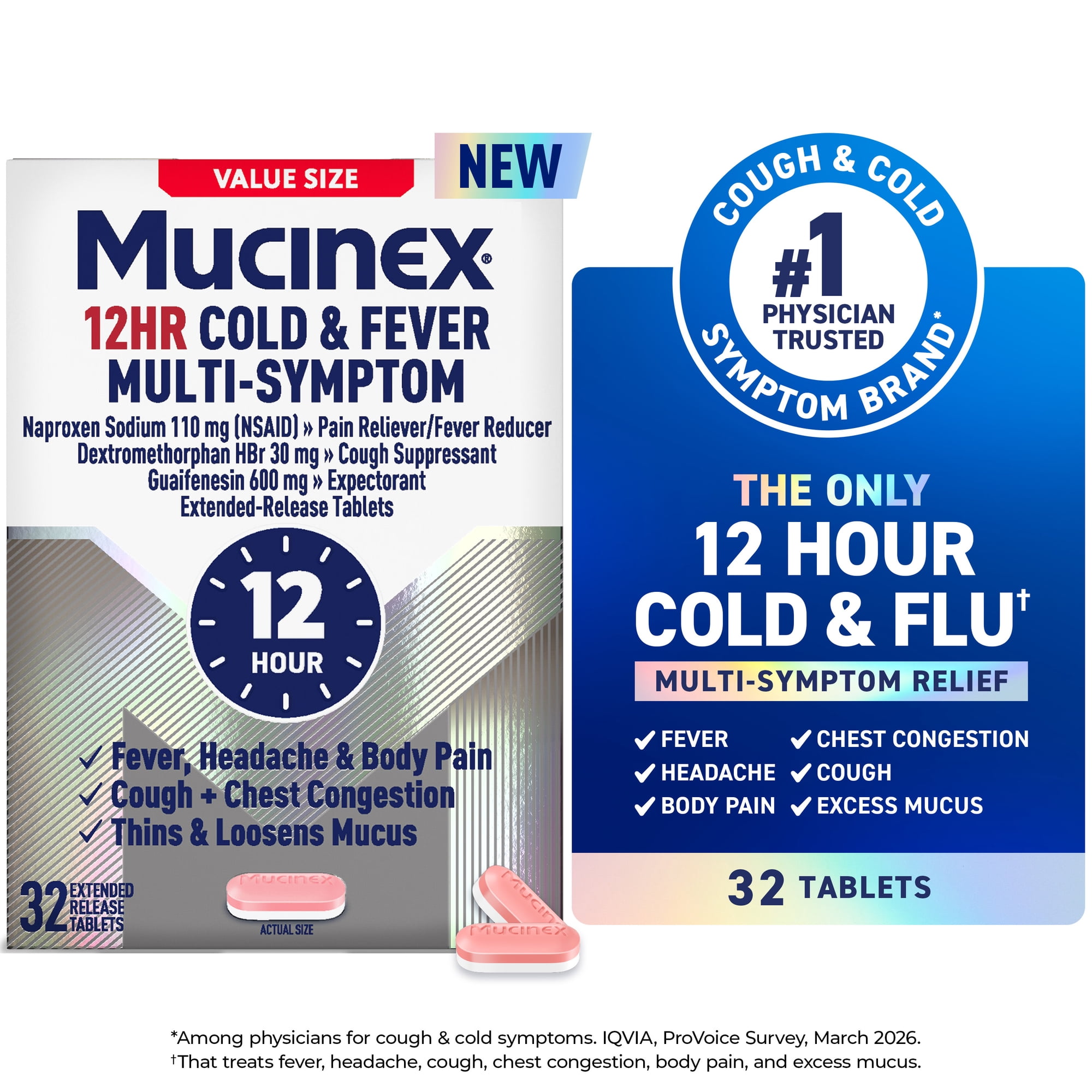 Mucinex 12 Hour Cold and Flu Medicine for Adults, Long Lasting Cough & Cold Medicine For All Day Relief of Headache, Body Aches, Fever, Cough, & Chest Congestion, 32 Bi-layer Tablets