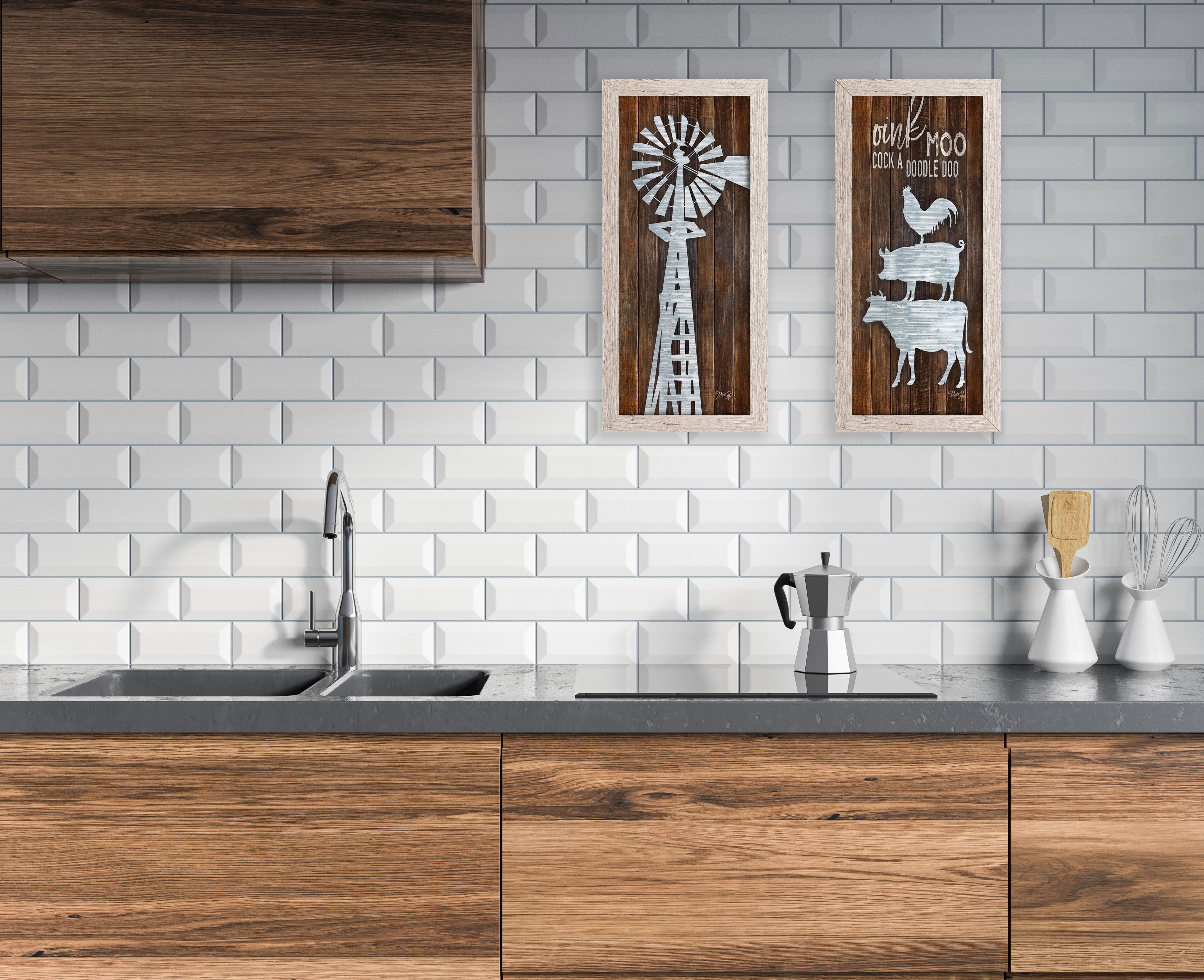 Gango Home Decor Rustic Windmill & Farm Animal Kitchen Wall Art; Two