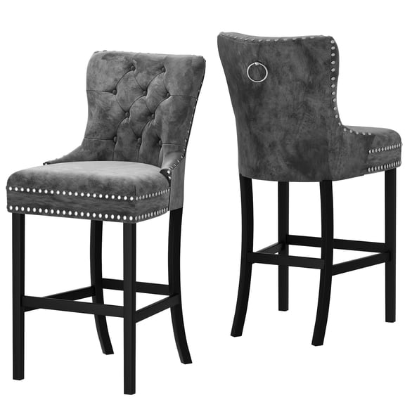 baxluxe Set of 2 Tufted Counter Height Bar Stools, Upholstered Bar Chairs with Nailhead Trim, Back Pull Ring & Solid Wood Legs for Home Bar Kitchen Island