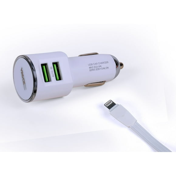 Chargeur de Voiture Double Haute Vitesse USB 3.6A + Câble LIGHTNING 1M Blanc