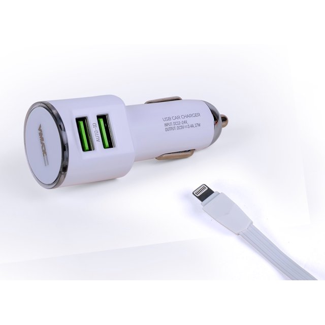 CAR CHARGER DUAL High Speed USB 3.6A + LIGHTNING CABLE 1M White