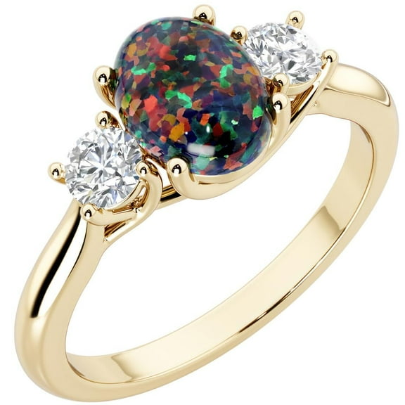 Black Opal and Lab Grown Diamond 3-Stone Trellis Ring 14K Gold 1.30 Carats Oval