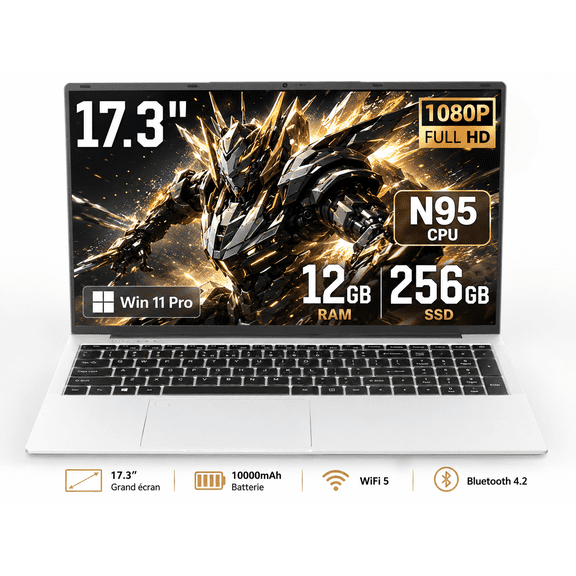 17.3" Laptop Computer, Intel N95, 12GB RAM, 256GB SSD, 10000mAh Battery, Large Screen Notebook for Student, Business & Home Use