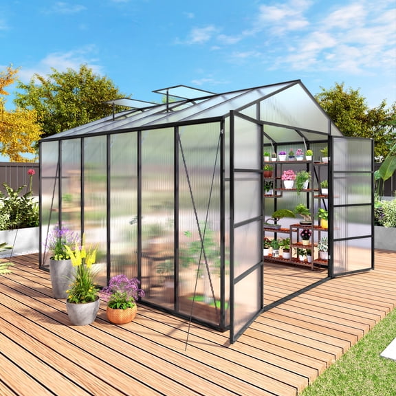 Vigo huseeo 10x12FT Walk-in Outdoor Polycarbonate Greenhouse, Reinforced Aluminum Frame with Vent, for Backyard or Garden, Black