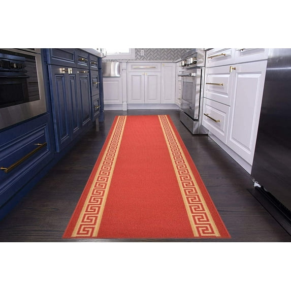 Custom Size Runner Rug Bordered Greek Key Meander Red Roll Rug Runner Choice of Your Length by feet Slip Skid Resistant Latex Back Cut to Size Runner Rugs Customize in USA Facility