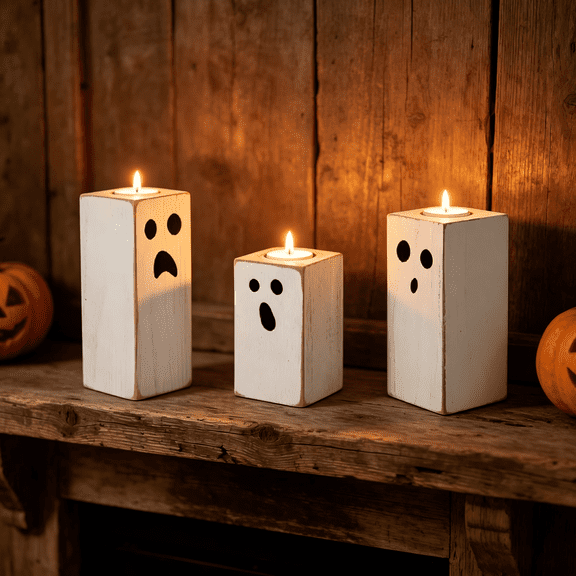 Halloween Wooden Ghost Candle Holders Set of 3, Cute Spooky Tealight Candle Holders, Rustic Farmhouse Decor for Home Tabletop, Mantel, Halloween Party Decoration