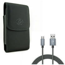 Black Leather Side Case Cover Protective Pouch w 6ft Long Durable Braided USB Type-C Cable Wire Sync D3W for BLU Vivo XI Plus - CAT S48c - Google Pixel XL 3a XL 3 XL 2 XL - HTC Bolt, U11