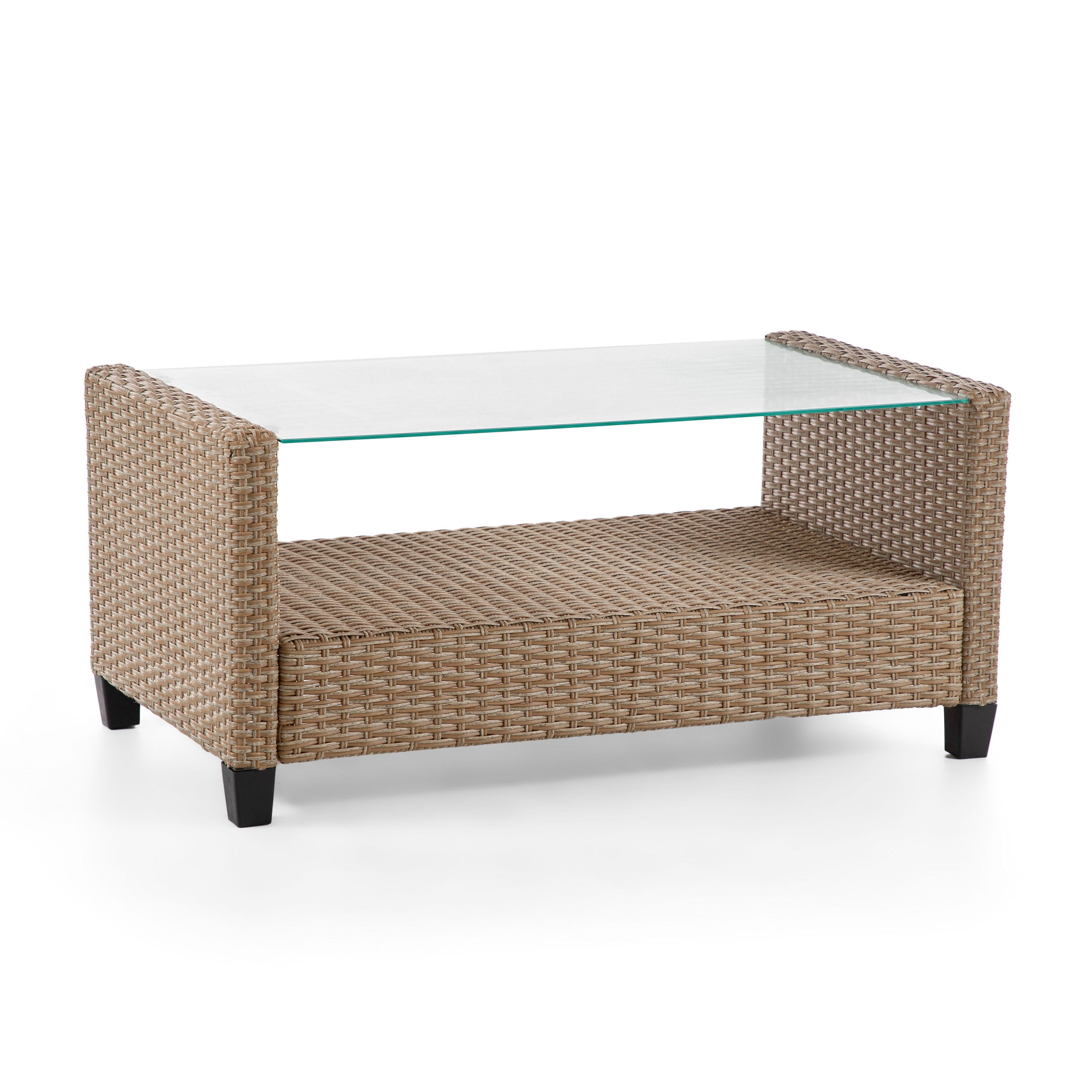 Alaya Outdoor Patio 1-Shelf PE Wicker and Steel Coffee Table, Natural Tone