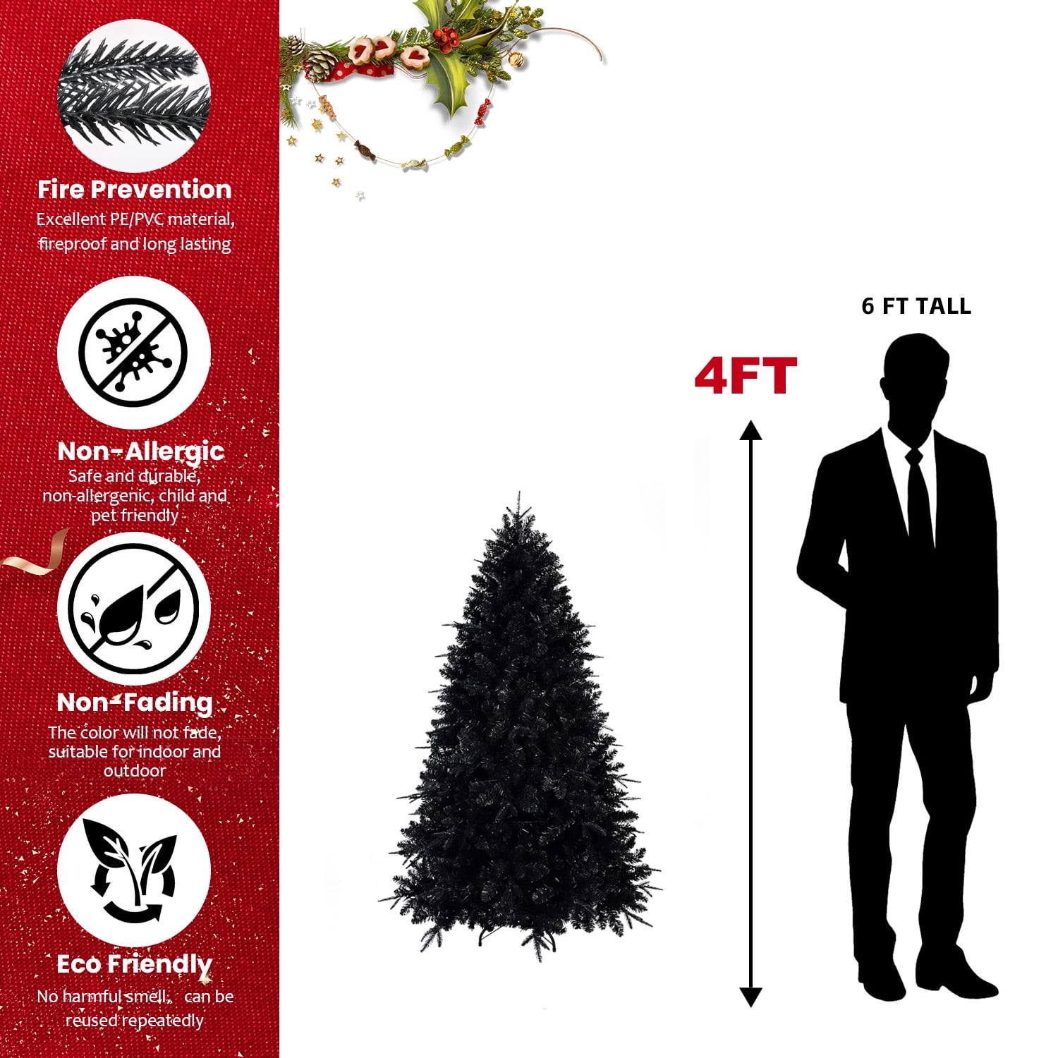 Alvantor 4ft Christmas Tree Halloween Decor PVC Artificial Tree with 150 White LED Lights & 666 Tips for Indoor Holiday Decoration Black