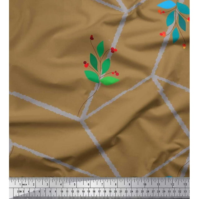 Soimoi Tissu de Crêpe de polyester Feuilles, Baies Rouges & Labyrinthe Cube Géométrique Tissu Imprimé 1 Yard 42 Inch Wide