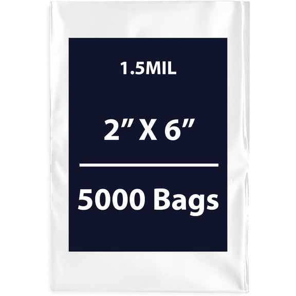 Clear Flat Poly Bags, 1.5Mil 2" X 6" & 5000 Bags | Low-Density Polyethylene (LDPE), Flat Open Top Plastic Packaging Packing | Flexible and Durable Plastic Bags